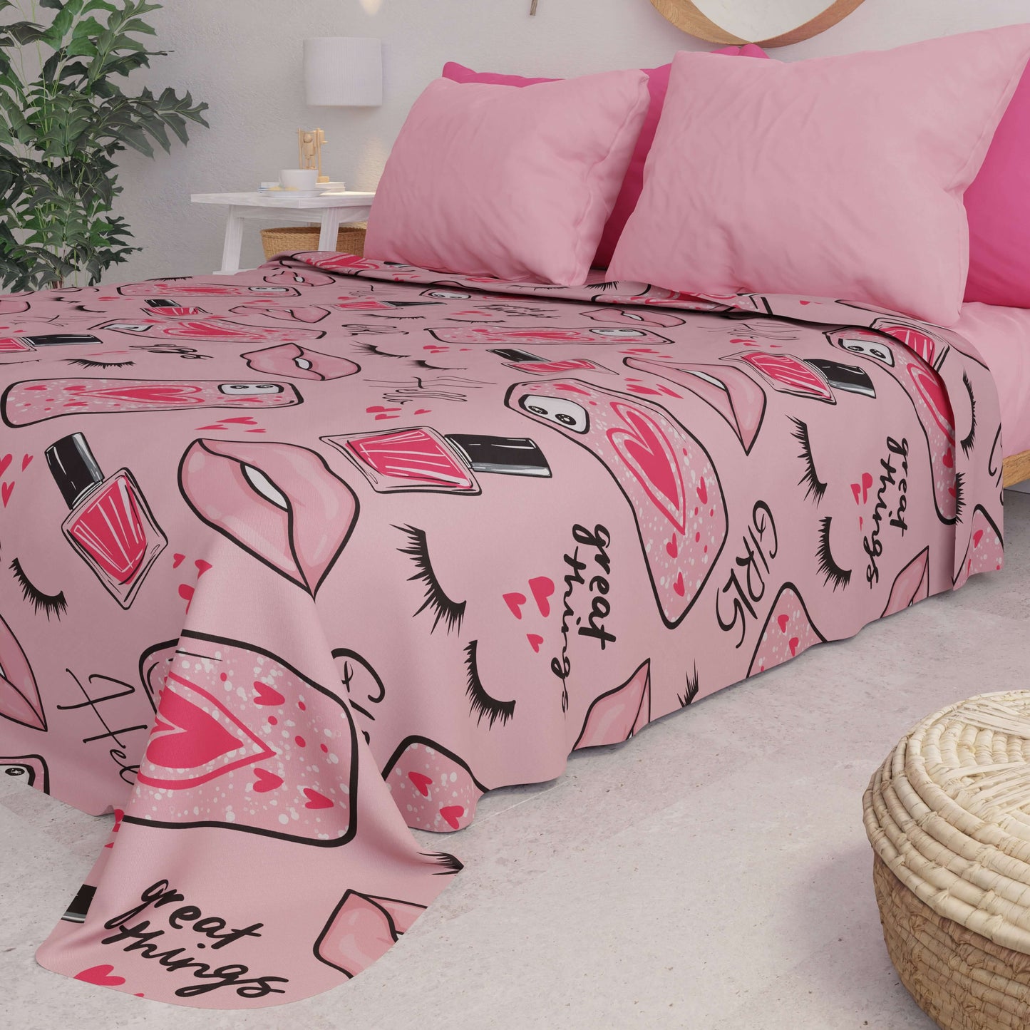 Boutis d'Été, Couverture Légère, Draps Boutis Rouge à Lèvres Rose