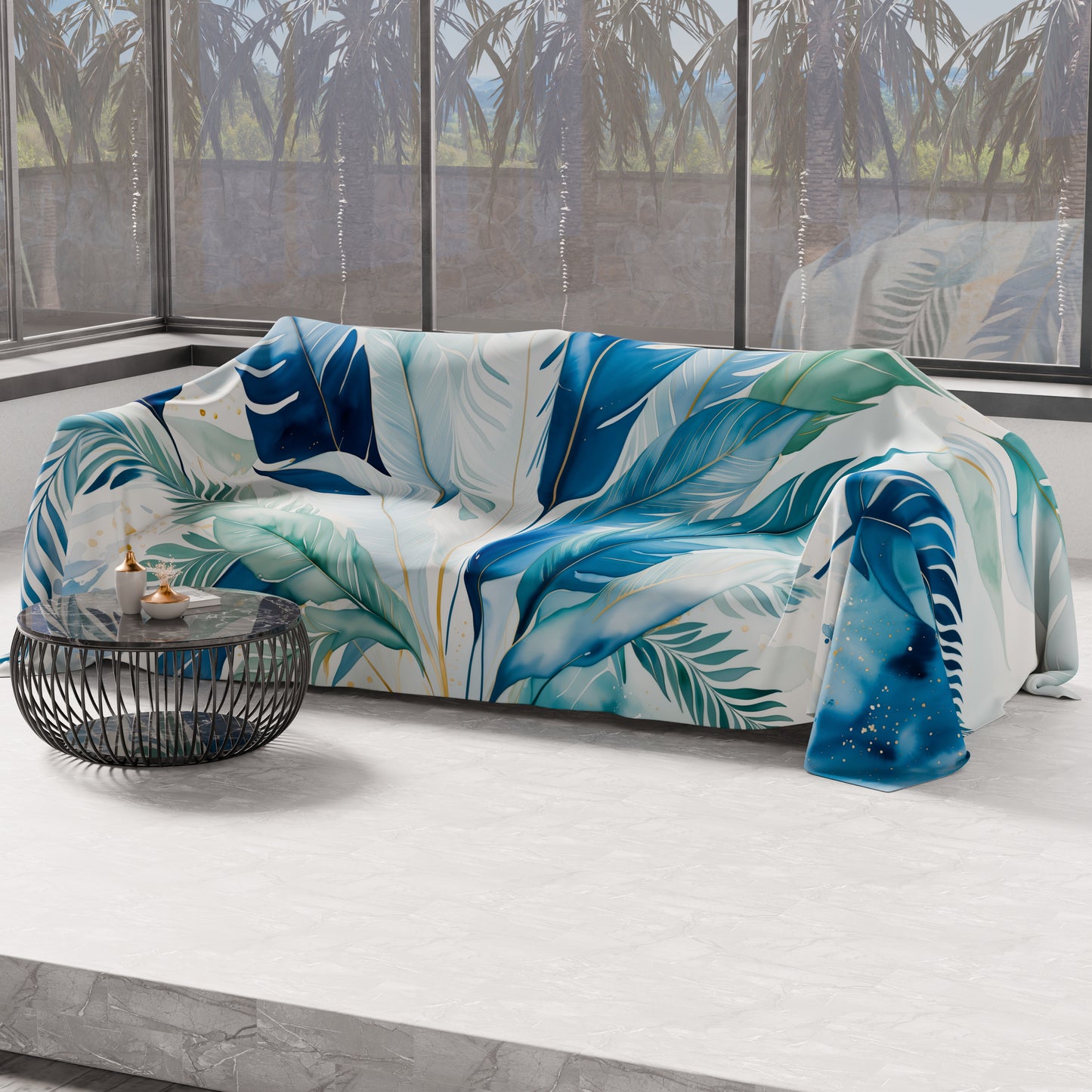 Drap housse pour canapé, couvre-lit, nappe et tout usage en microfibre | Motif Palmwater Bleu