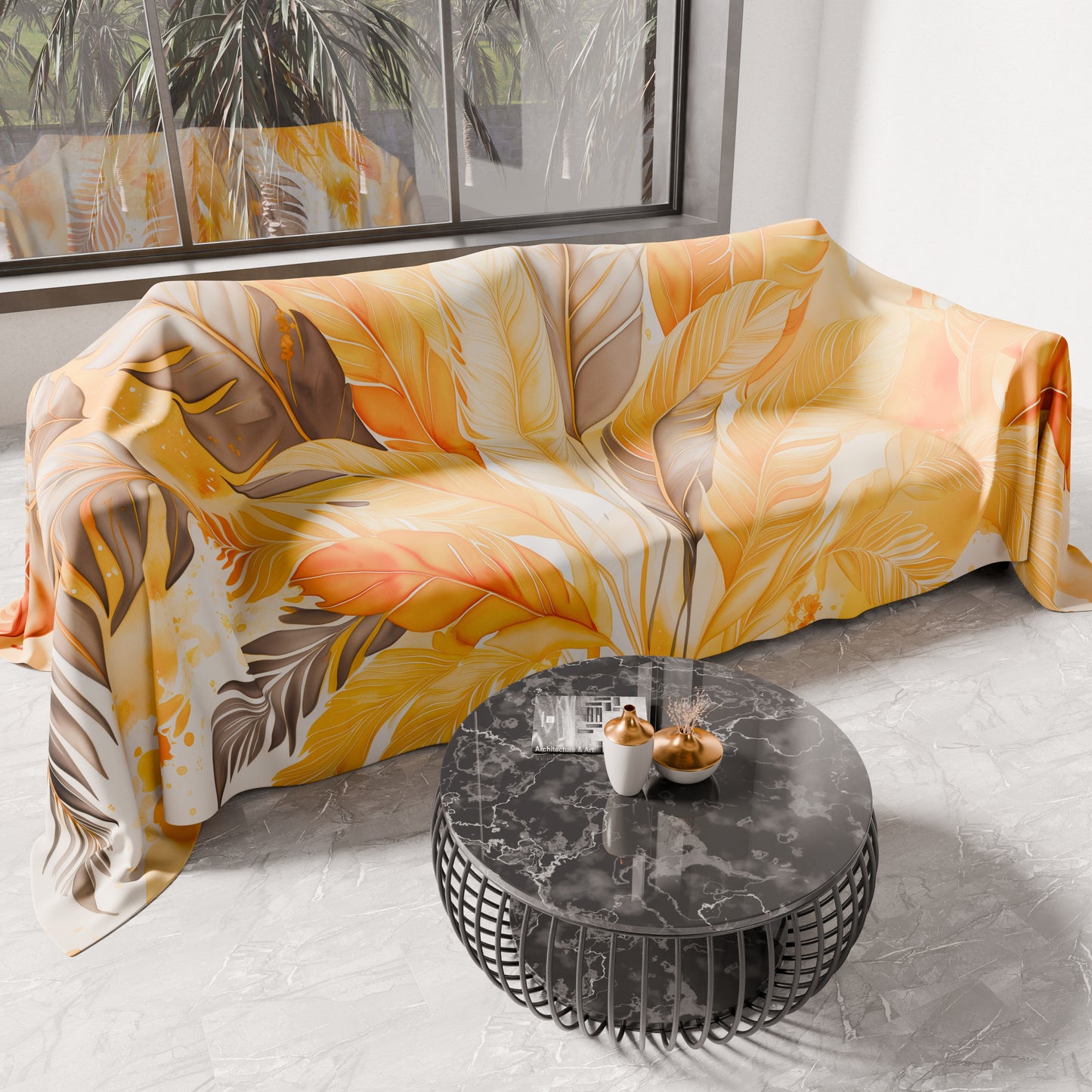 Telo Arredo Copridivano, Copriletto, Copritavolo e Copritutto in Microfibra | Fantasia Palmwater Giallo