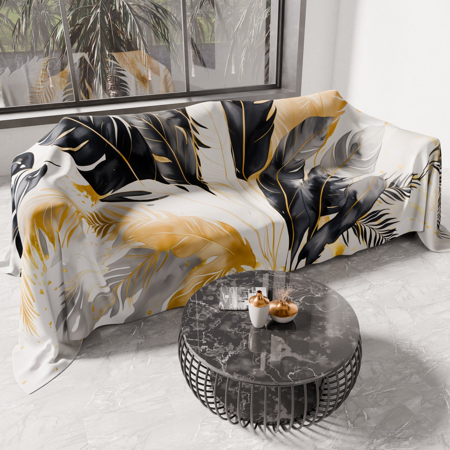 Drap housse pour canapé, couvre-lit, nappe et tout usage en microfibre | Motif Palmwater Noir
