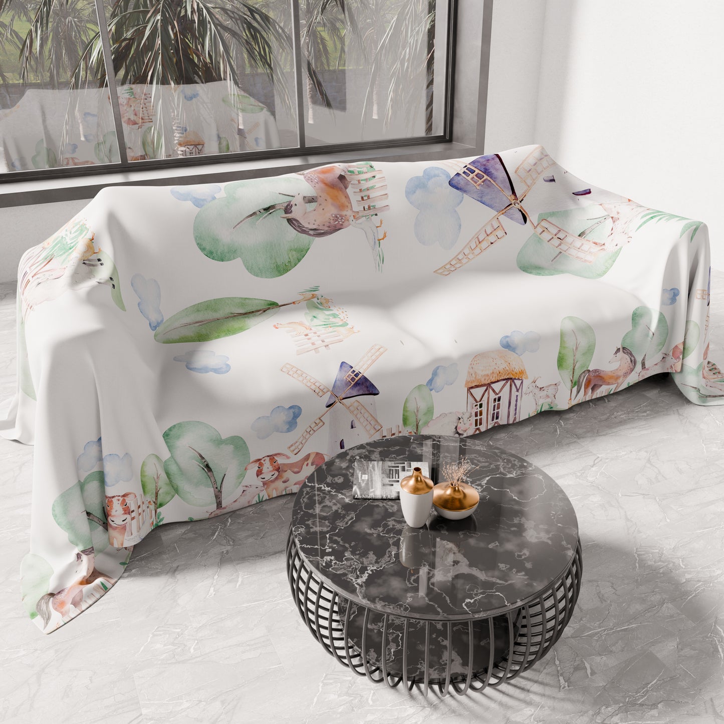 Drap housse pour canapé, couvre-lit, nappe et tout usage en microfibre | Motif Ferme