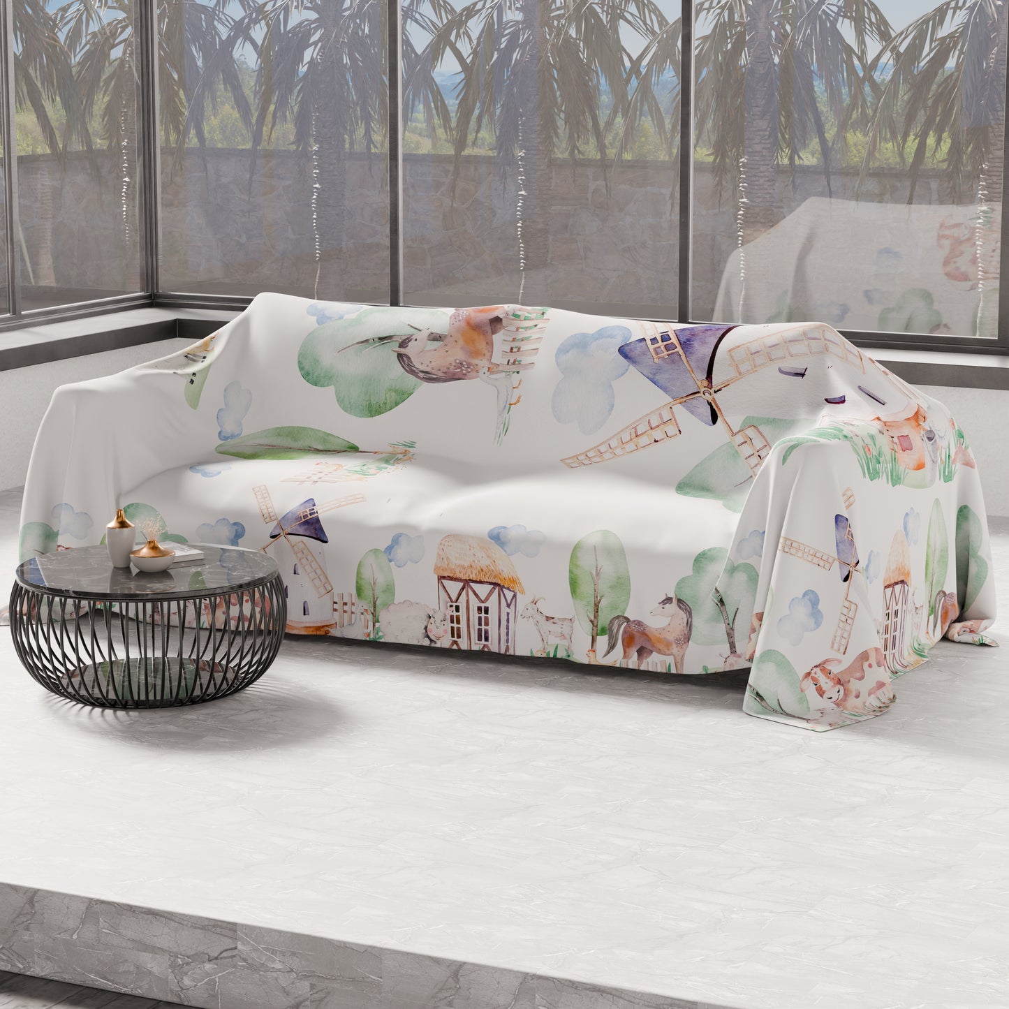 Drap housse pour canapé, couvre-lit, nappe et tout usage en microfibre | Motif Ferme