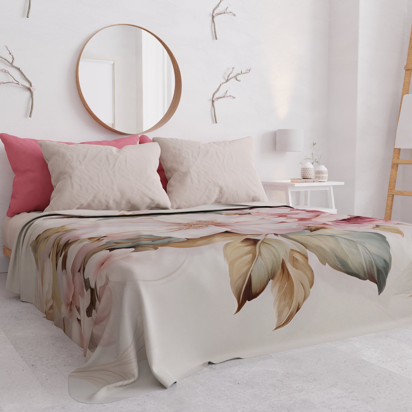 Copriletto estivo leggero Provenza tortora steso sul letto matrimoniale, dettaglio fantasia