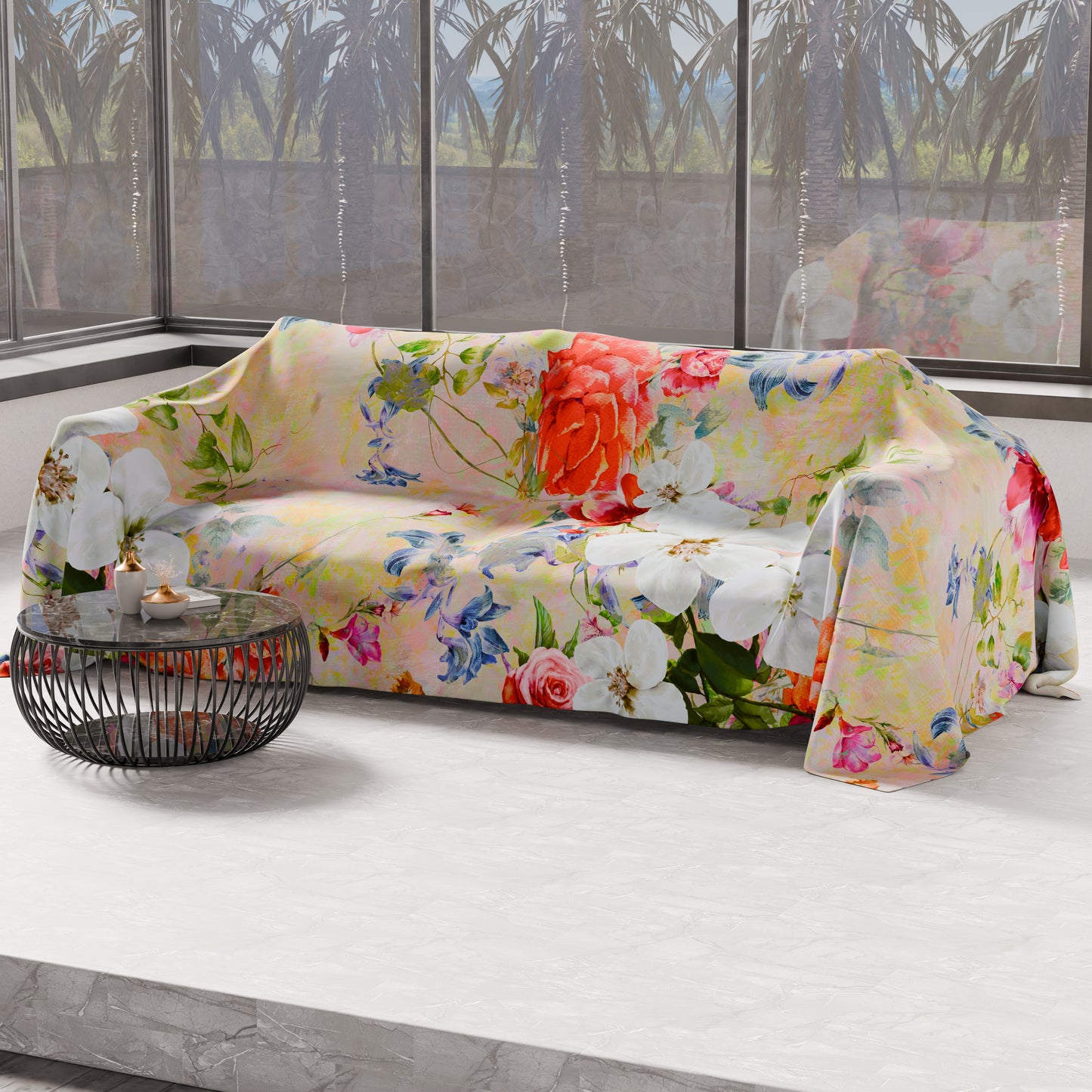 Drap housse pour canapé, couvre-lit, nappe et tout usage en microfibre | Motif Printemps Coloré