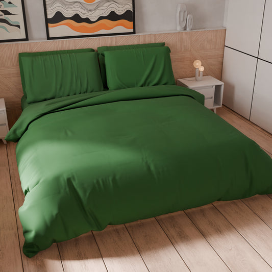 Housse de couette double, sac de housse de couette et taies d'oreiller, uni Vert forêt