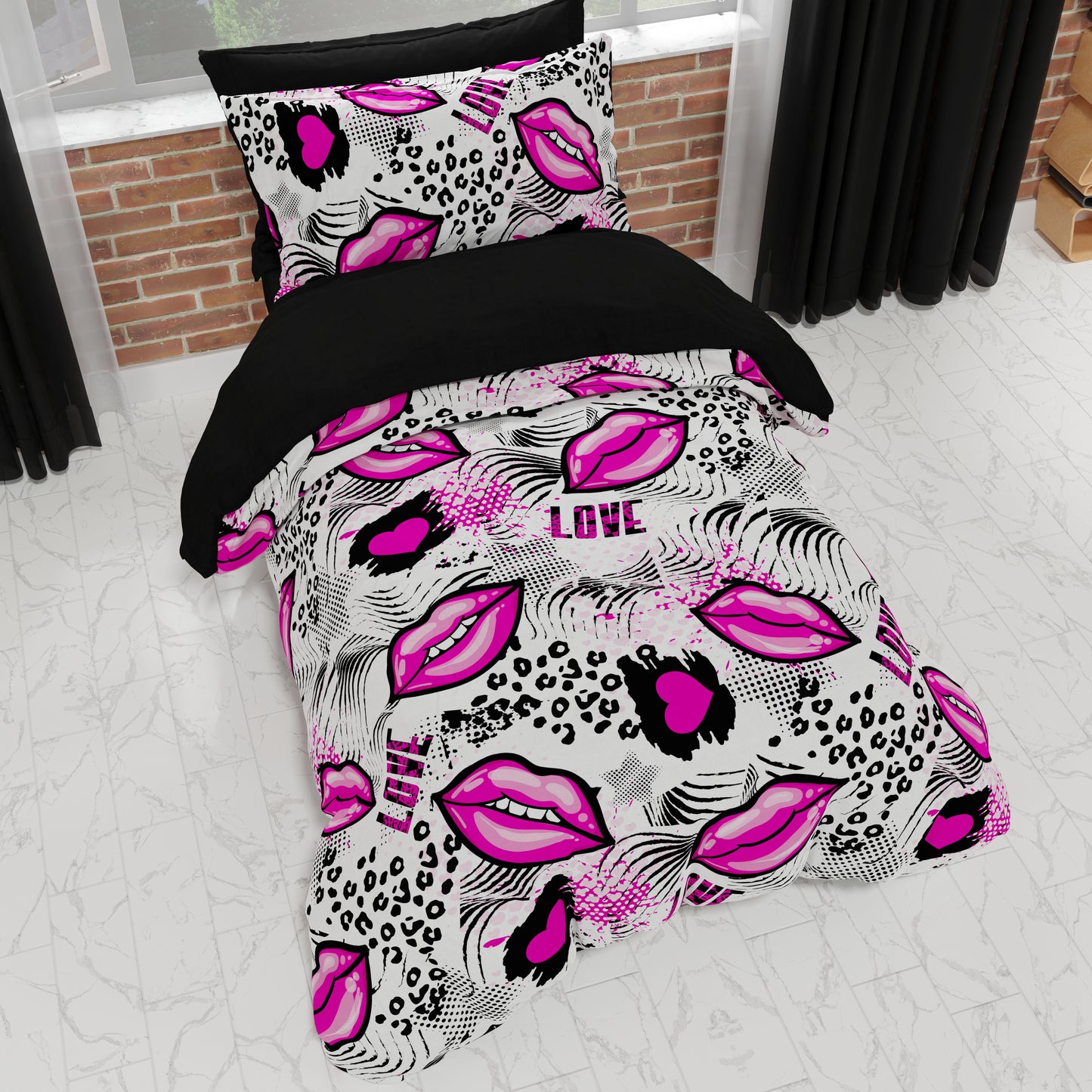 Housse de couette, housse de couette pour chambre d'enfant, simple et une place et demie, Rouge à lèvres blanc