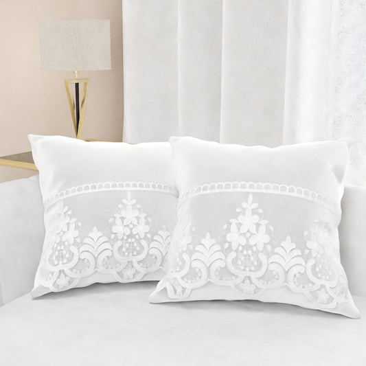 Coussins décoratifs en velours avec volant et dentelle rebrodée 2 pcs, Coussins canapé blanc par Sissy