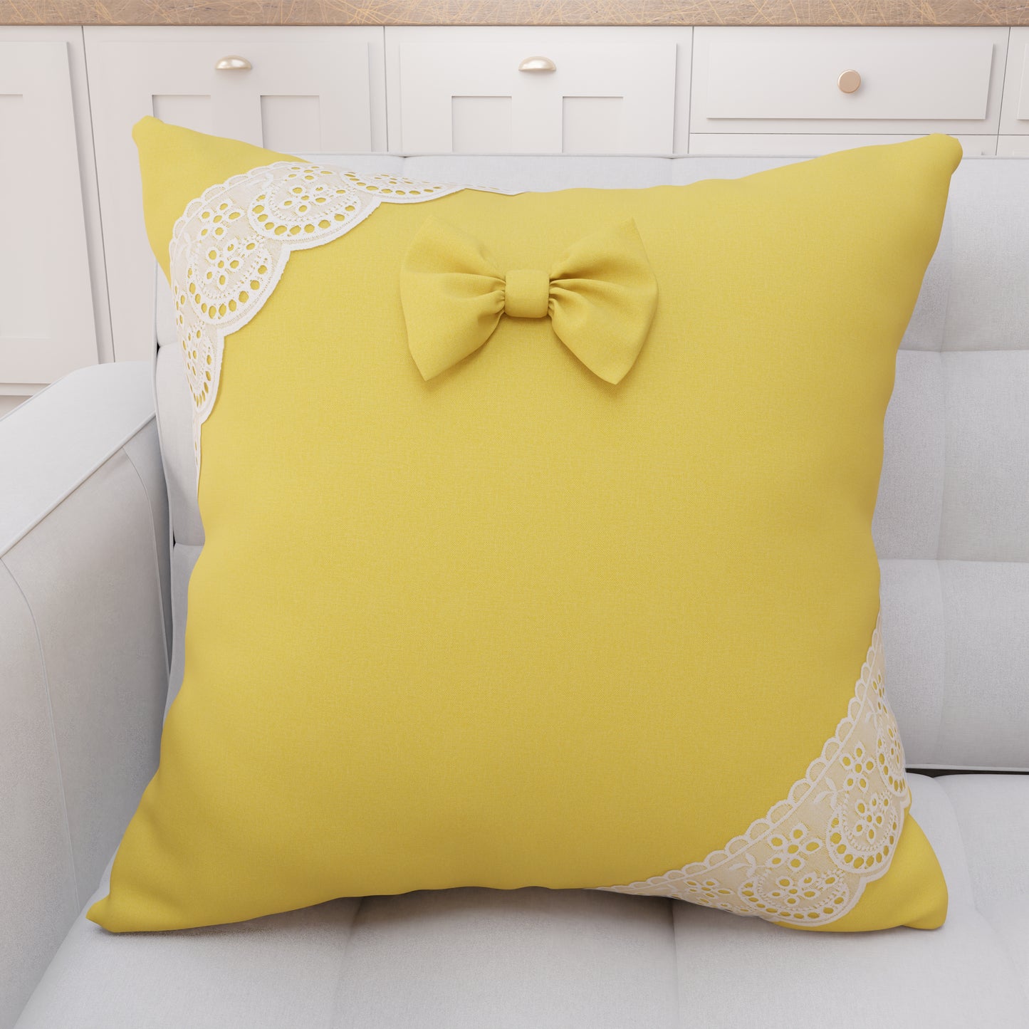 Coussin Décoratif Shabby Chic avec Dentelle et Noeuds Jaune