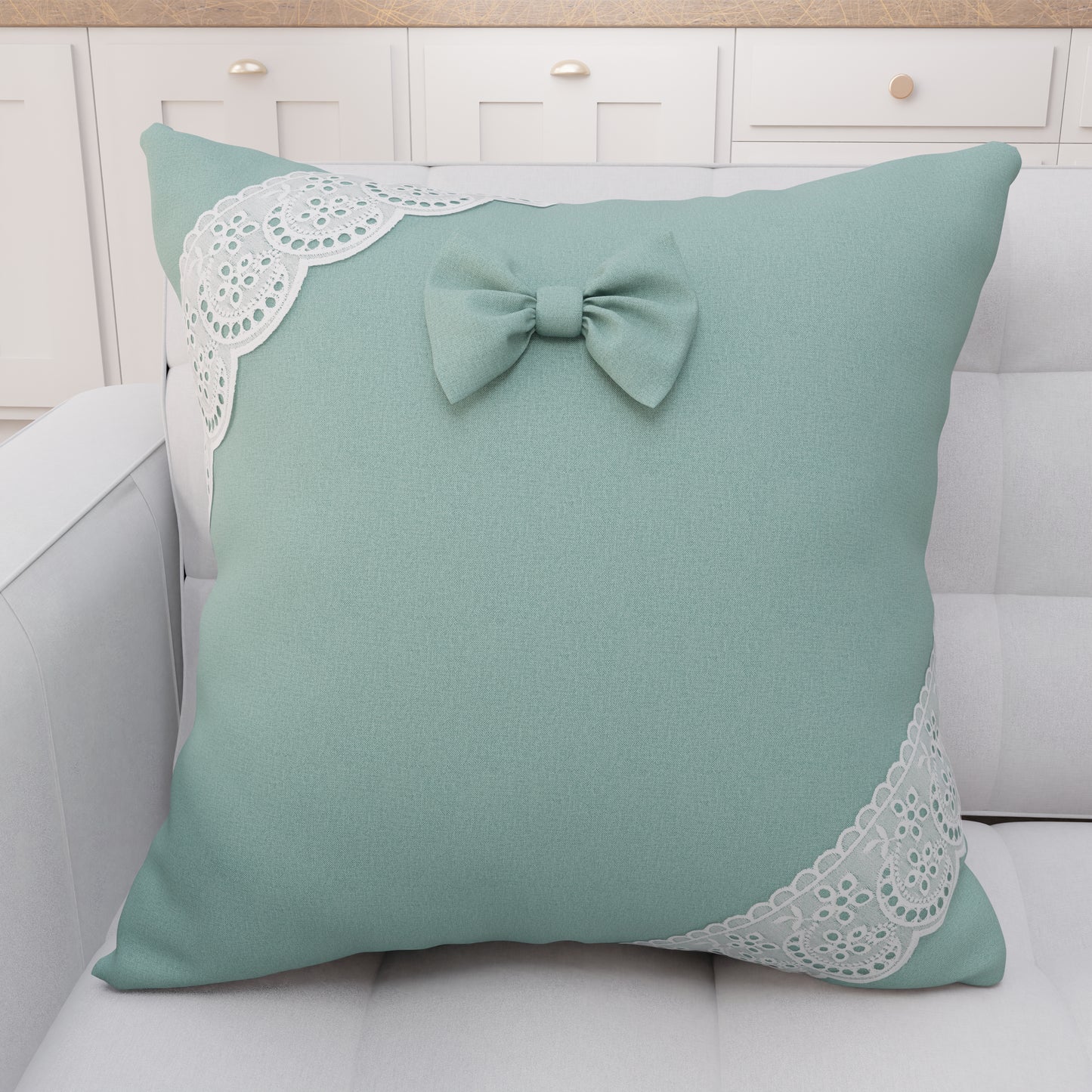 Coussin Décoratif Shabby Chic avec Dentelle et Noeuds Vert d'Eau