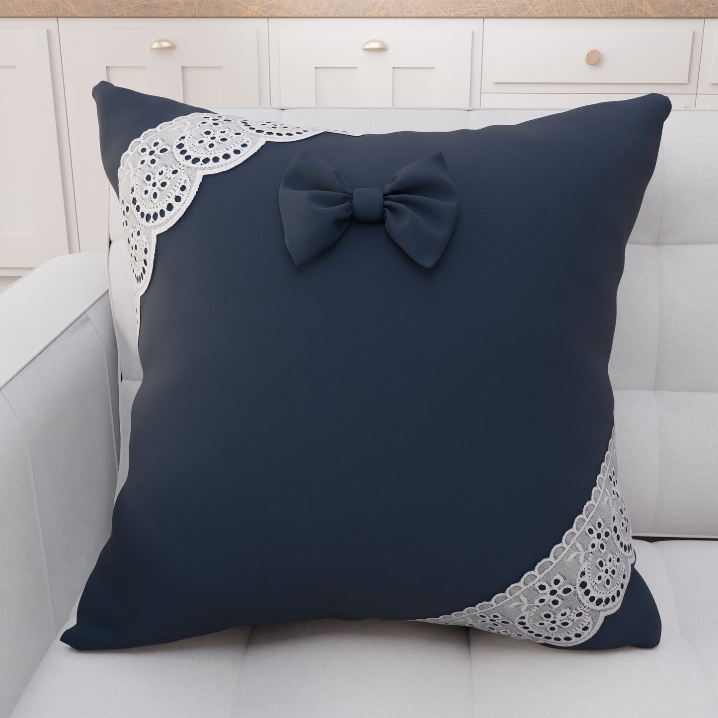 Coussin Décoratif Shabby Chic avec Dentelle et Noeuds Bleu Nuit