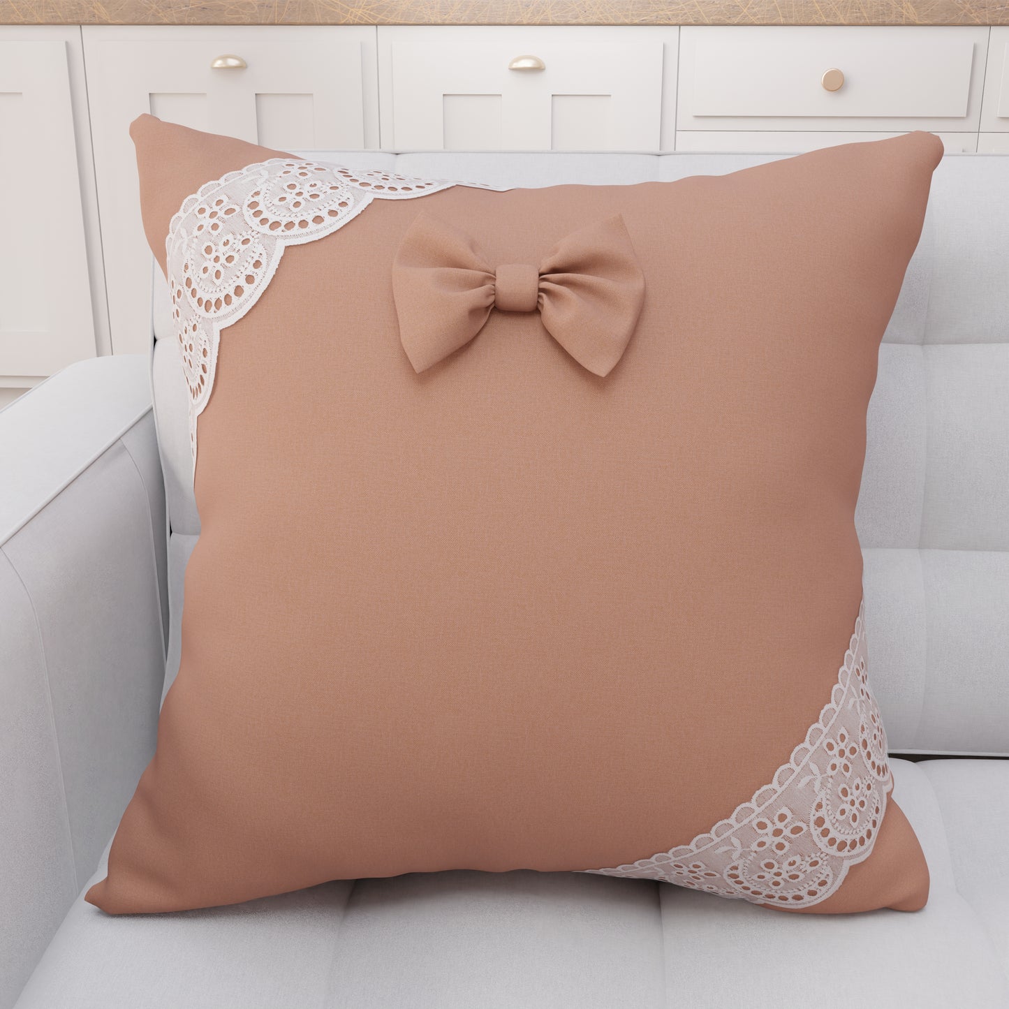 Coussin Décoratif Shabby Chic avec Dentelle et Noeuds Poudre