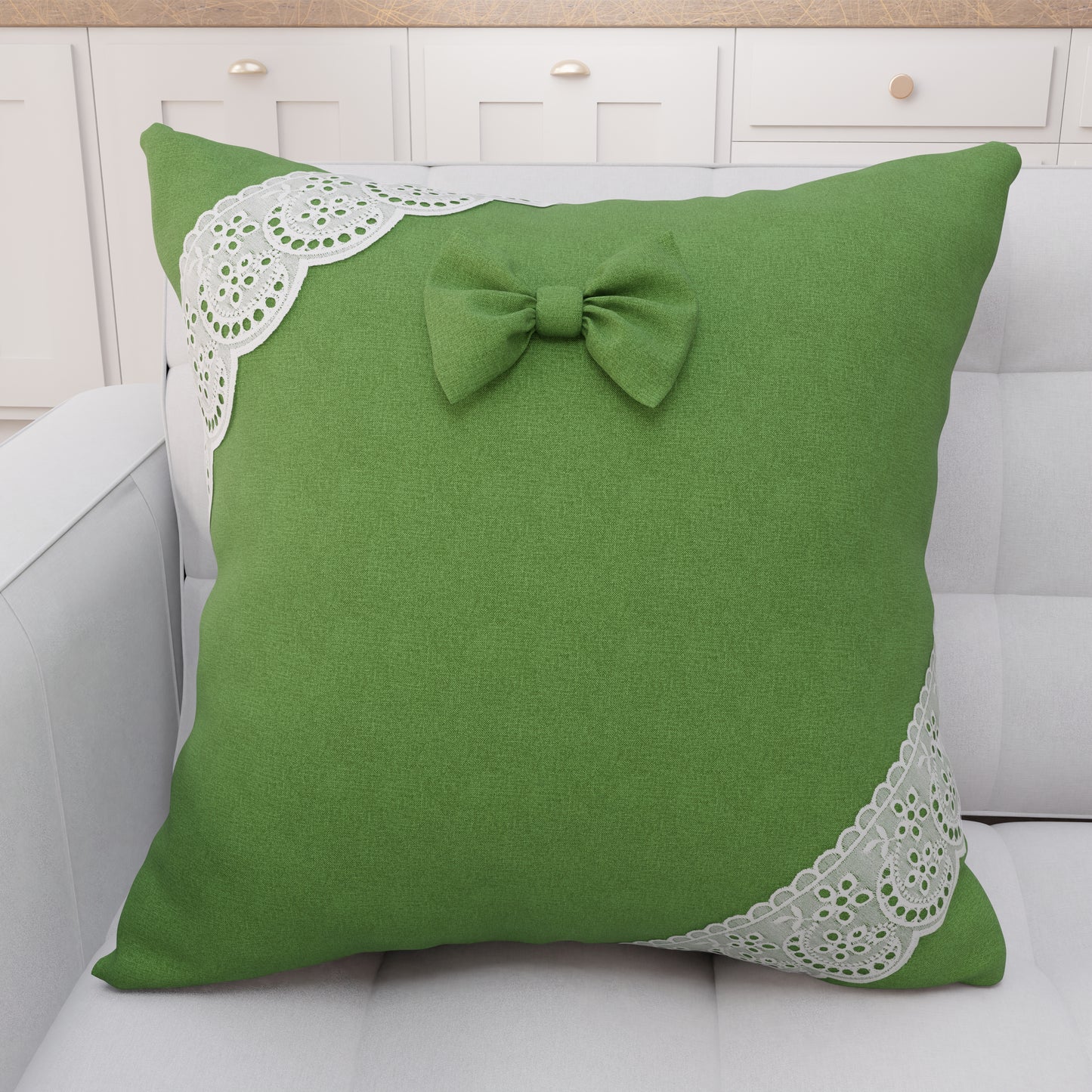 Coussin Décoratif Shabby Chic avec Dentelle et Noeuds Vert