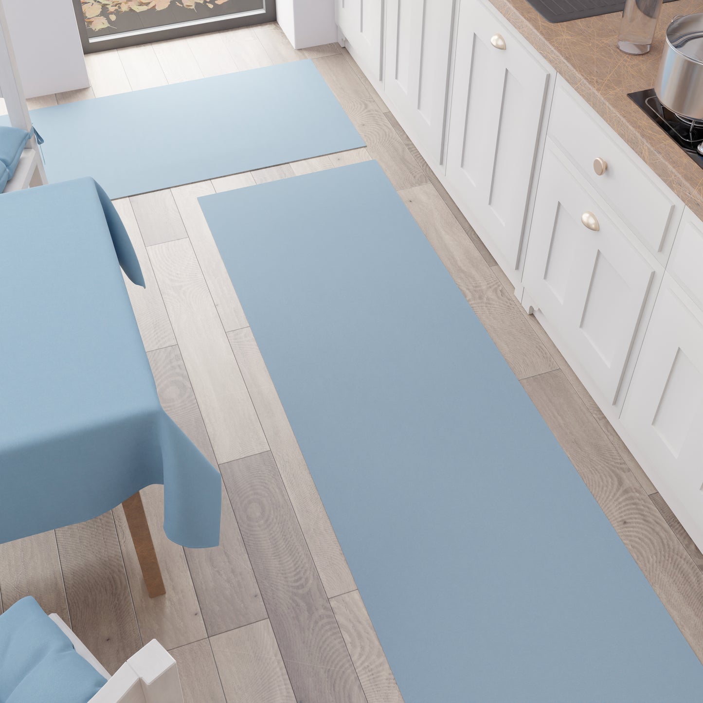 Tapis de cuisine, couloir de cuisine, uni bleu clair