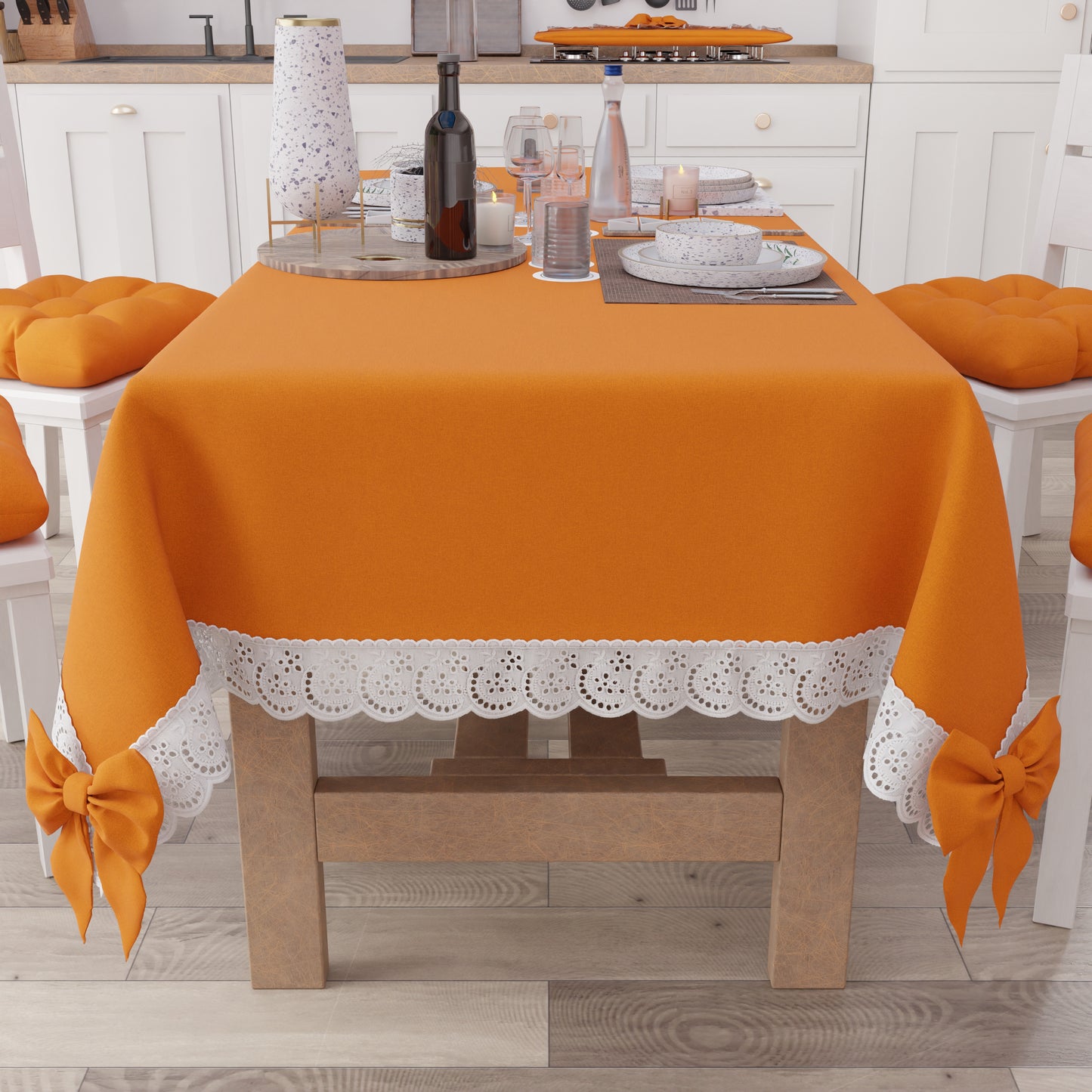 Nappe de table Shabby Chic avec dentelle et nœuds Orange