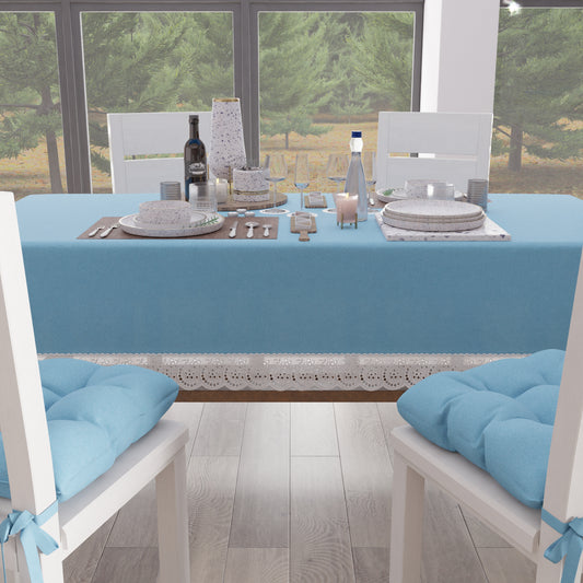 Tovaglia da Tavola Shabby Chic Copritavolo con Pizzo e Fiocchi Celeste