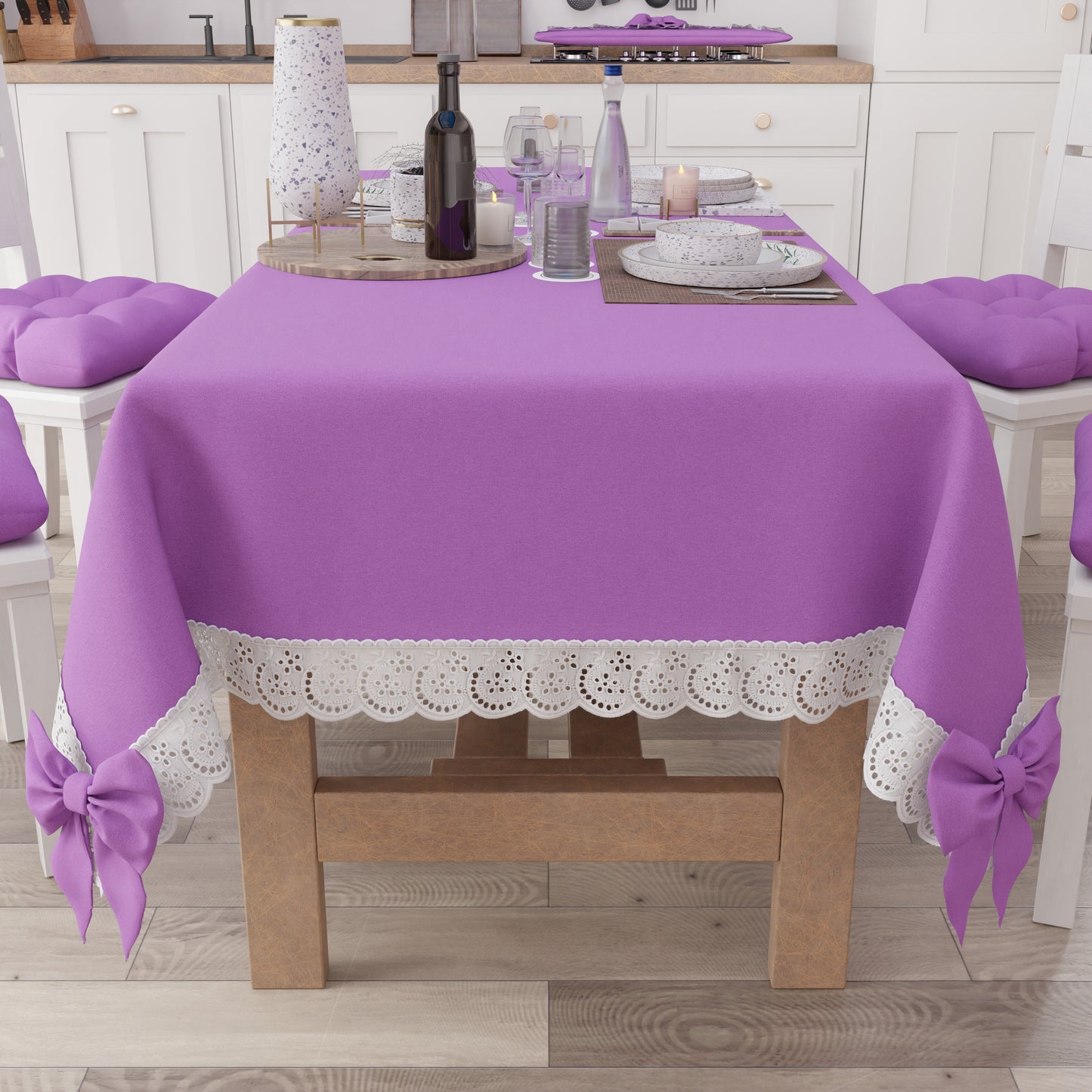 Tovaglia da Tavola Shabby Chic Copritavolo con Pizzo e Fiocchi Malva Intenso