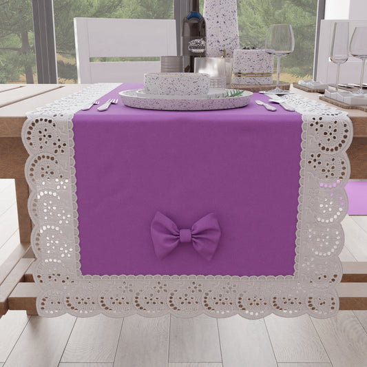 Runner da Tavolo Elegante Shabby Chic con Pizzo e Fiocchi Malva Intenso