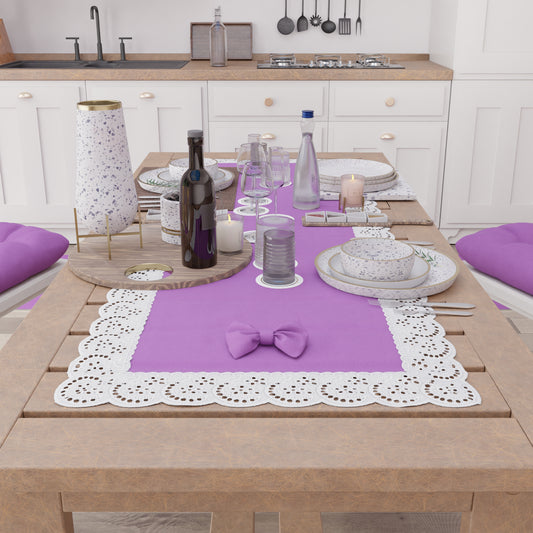 Runner da Tavolo Elegante Shabby Chic con Pizzo e Fiocchi Malva Intenso