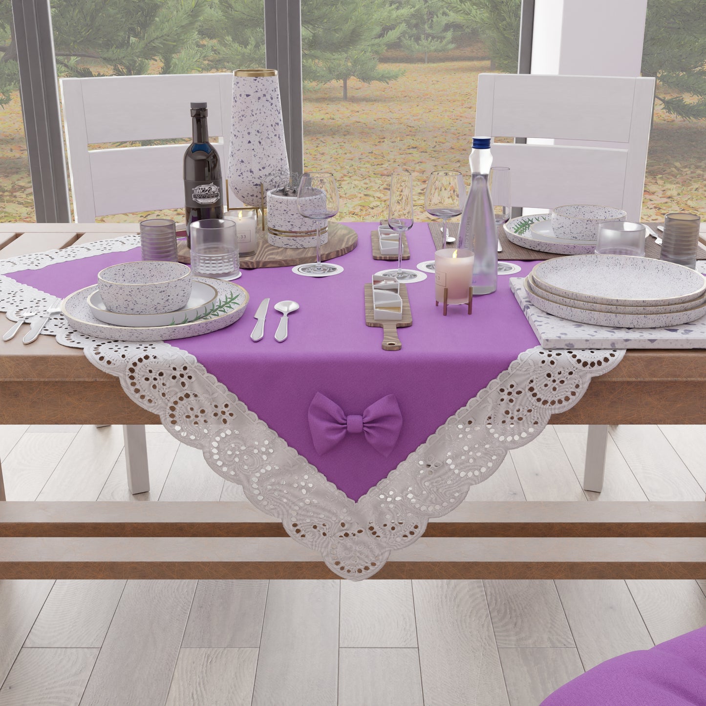 Centre de table cuisine élégant Shabby Chic avec dentelle et nœuds lilas