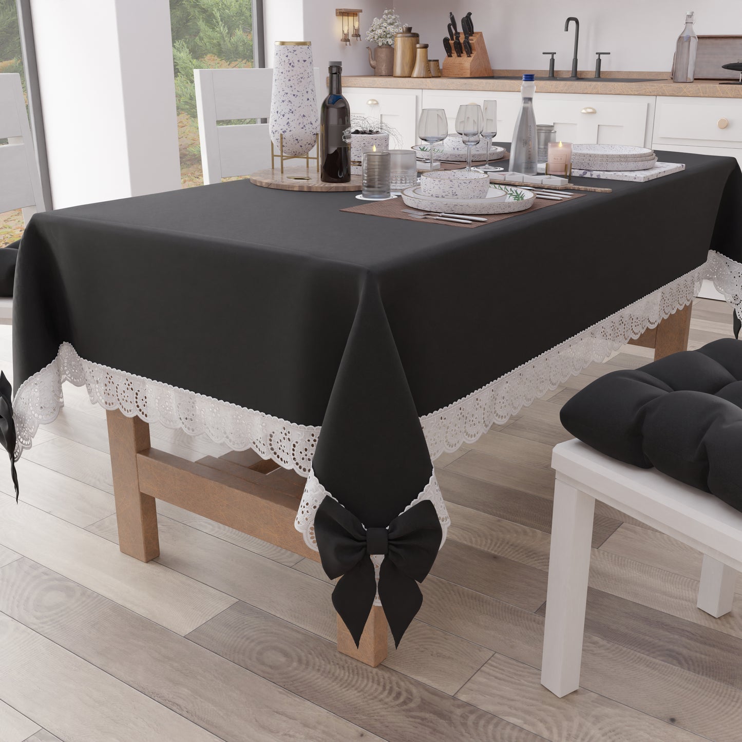 Nappe de Table Shabby Chic avec Dentelle et Noeuds Noir
