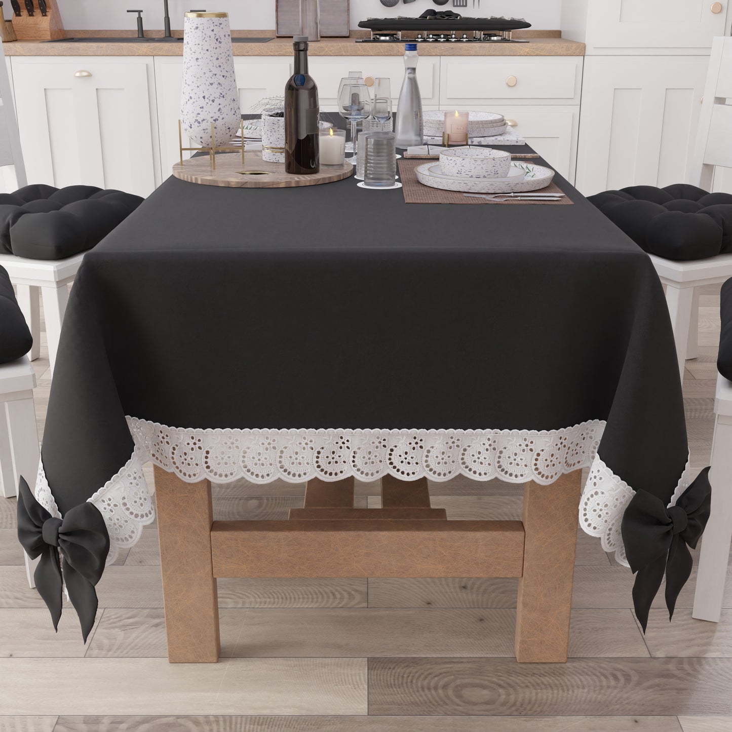 Nappe de Table Shabby Chic avec Dentelle et Noeuds Noir