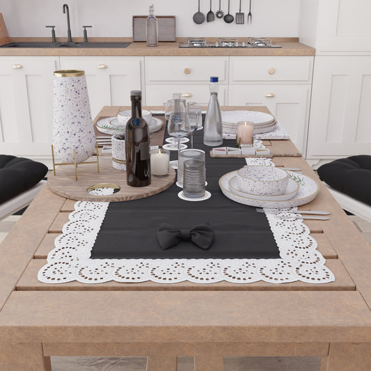 Runner da Tavolo Elegante Shabby Chic con Pizzo e Fiocchi Nero