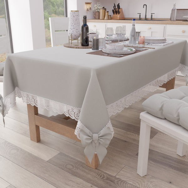 Tovaglia da Tavola Shabby Chic Copritavolo con Pizzo e Fiocchi Grigio Chiaro