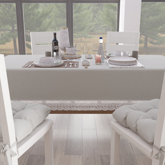 Tovaglia da Tavola Shabby Chic Copritavolo con Pizzo e Fiocchi Grigio Chiaro