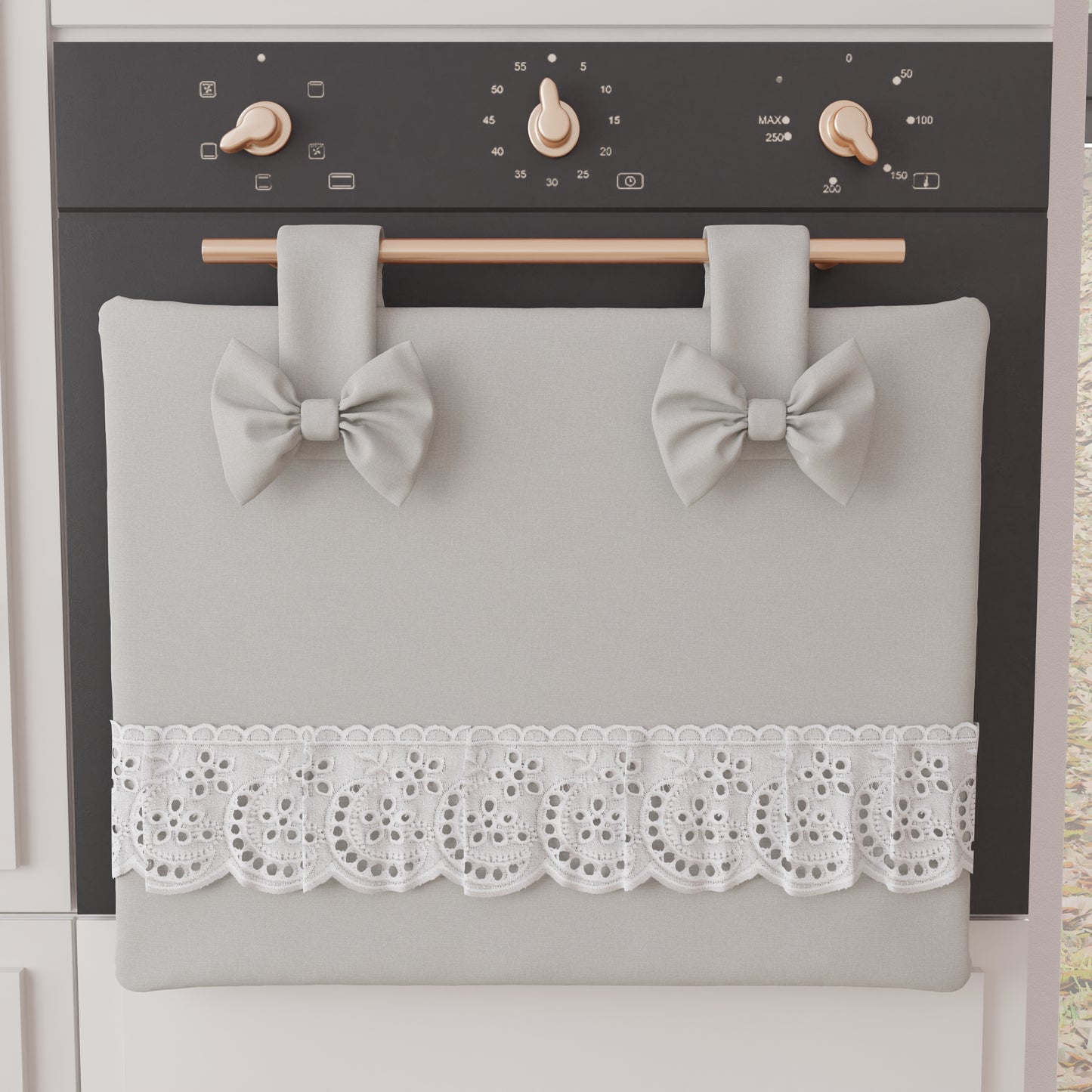 Copriforno Elegante Shabby Chic con Pizzo e Fiocchi Grigio Chiaro