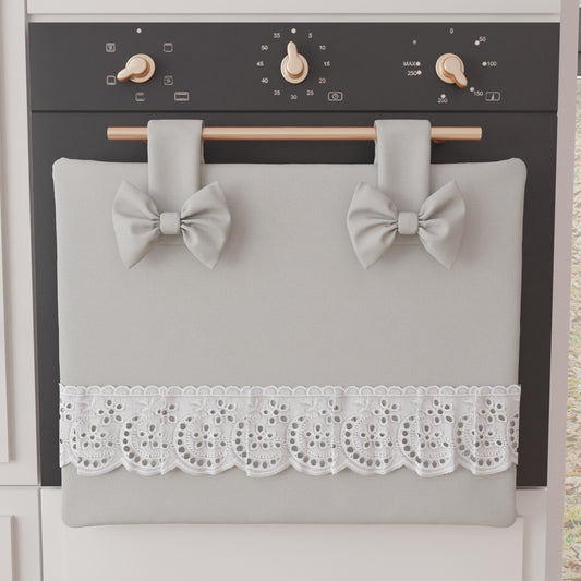 Copriforno Elegante Shabby Chic con Pizzo e Fiocchi Grigio Chiaro