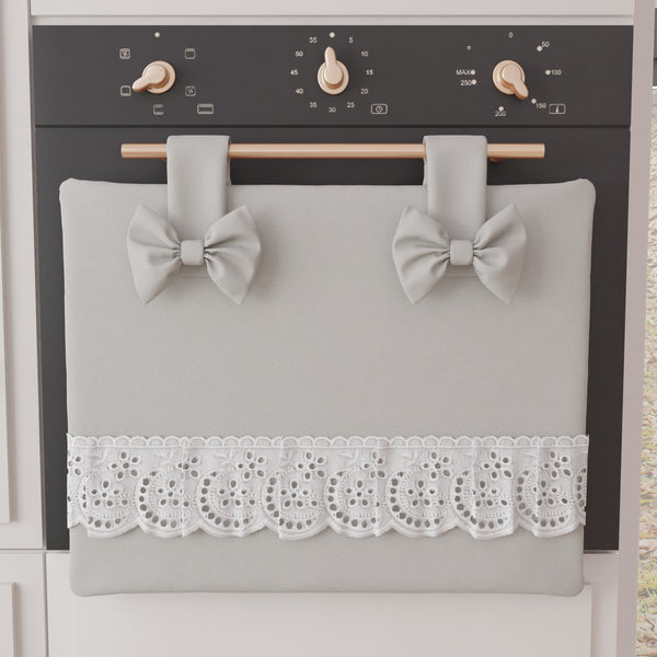 Copriforno Elegante Shabby Chic con Pizzo e Fiocchi Grigio Chiaro