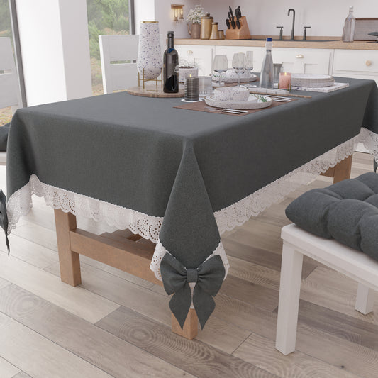Tovaglia da Tavola Shabby Chic Copritavolo con Pizzo e Fiocchi Grigio Scuro