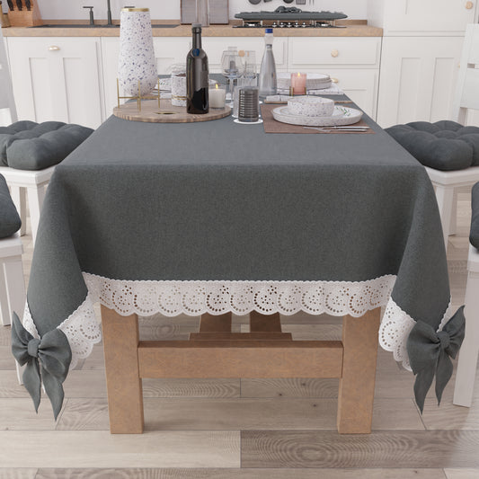 Tovaglia da Tavola Shabby Chic Copritavolo con Pizzo e Fiocchi Grigio Scuro