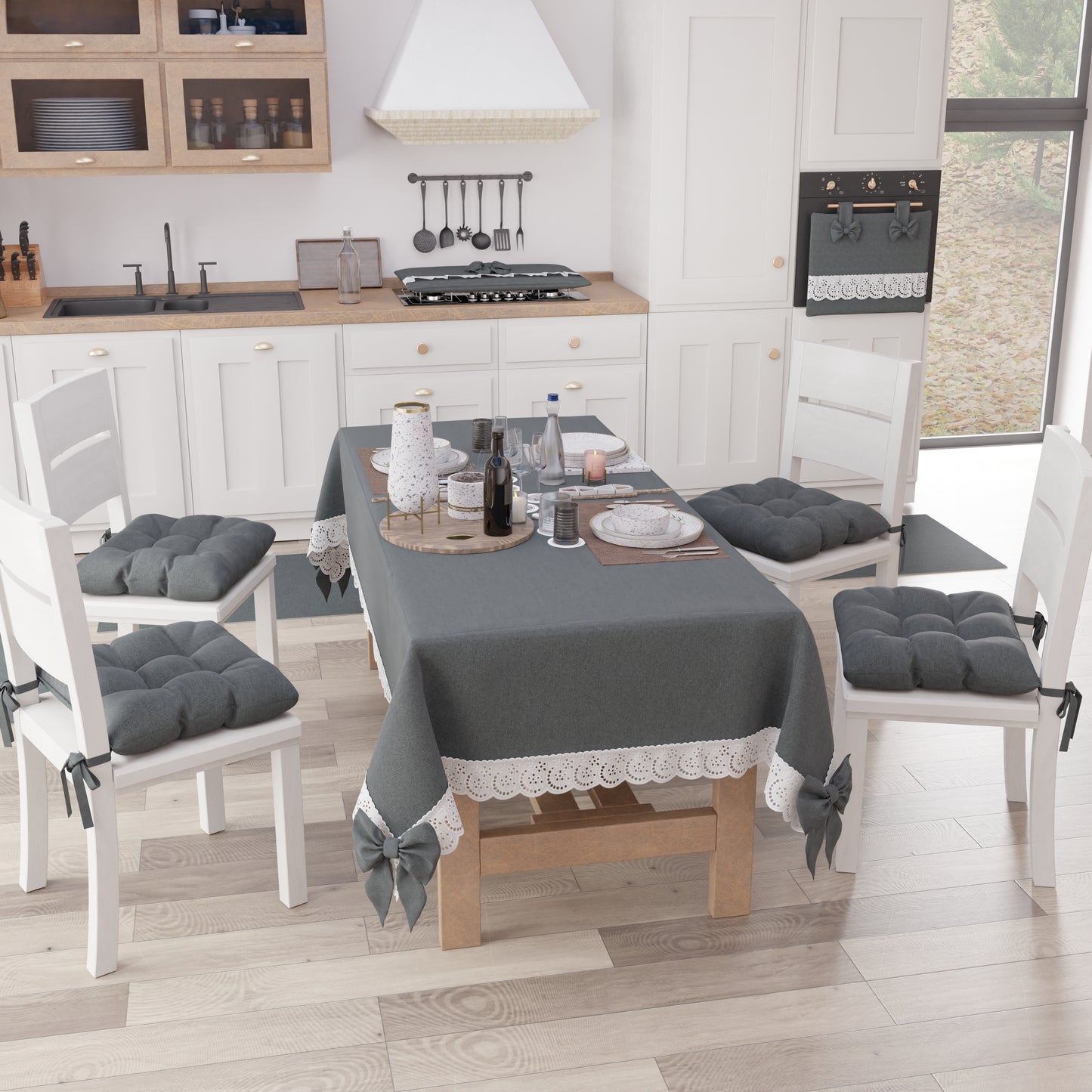 Copriforno Elegante Shabby Chic con Pizzo e Fiocchi Grigio Scuro