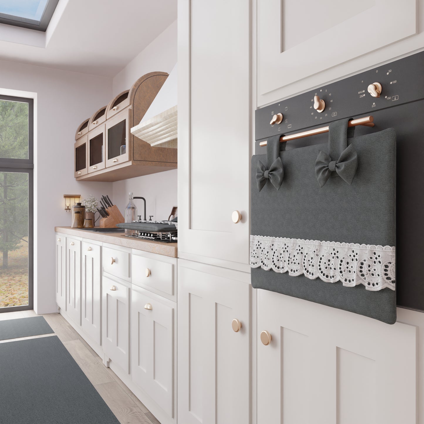 Copriforno Elegante Shabby Chic con Pizzo e Fiocchi Grigio Scuro