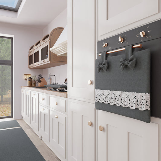 Copriforno Elegante Shabby Chic con Pizzo e Fiocchi Grigio Scuro