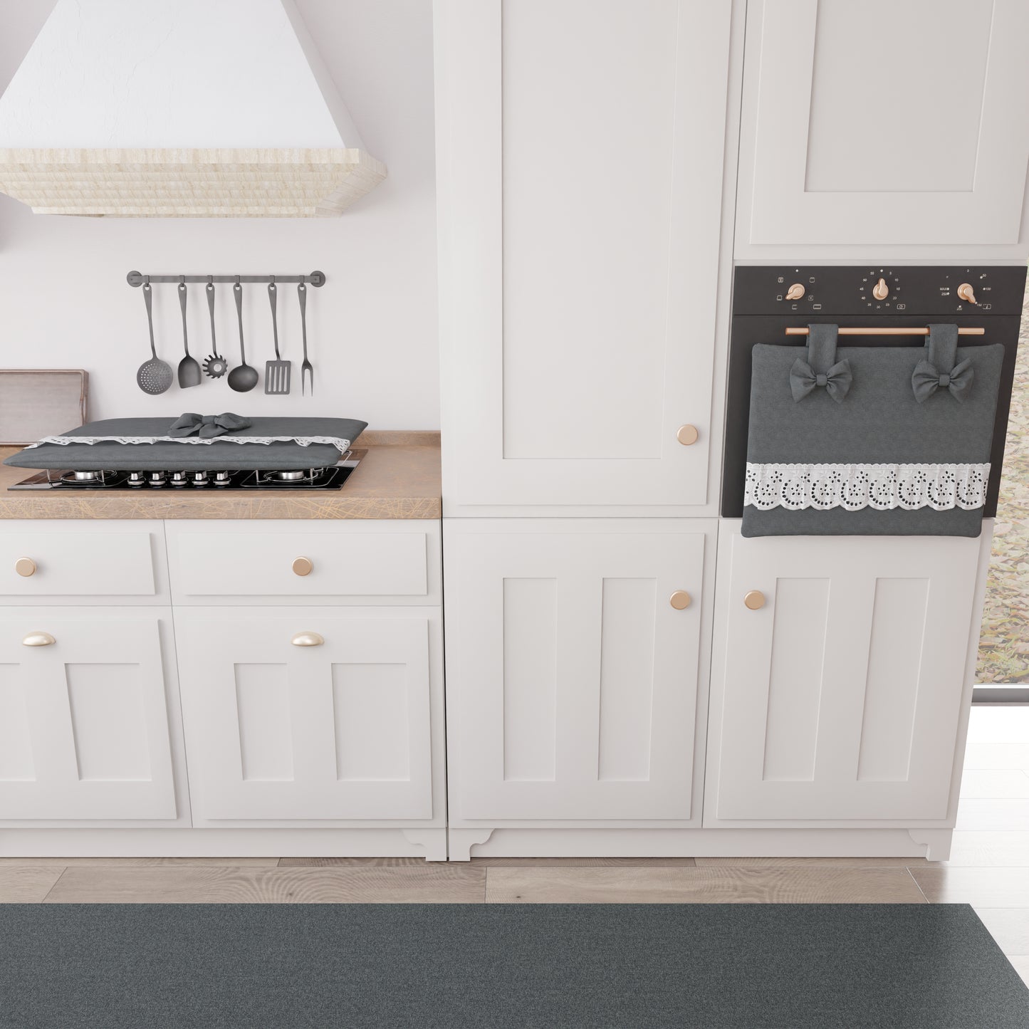 Copriforno Elegante Shabby Chic con Pizzo e Fiocchi Grigio Scuro