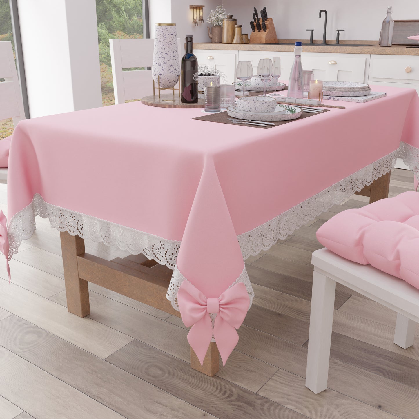 Tovaglia da Tavola Shabby Chic Copritavolo con Pizzo e Fiocchi Rosa