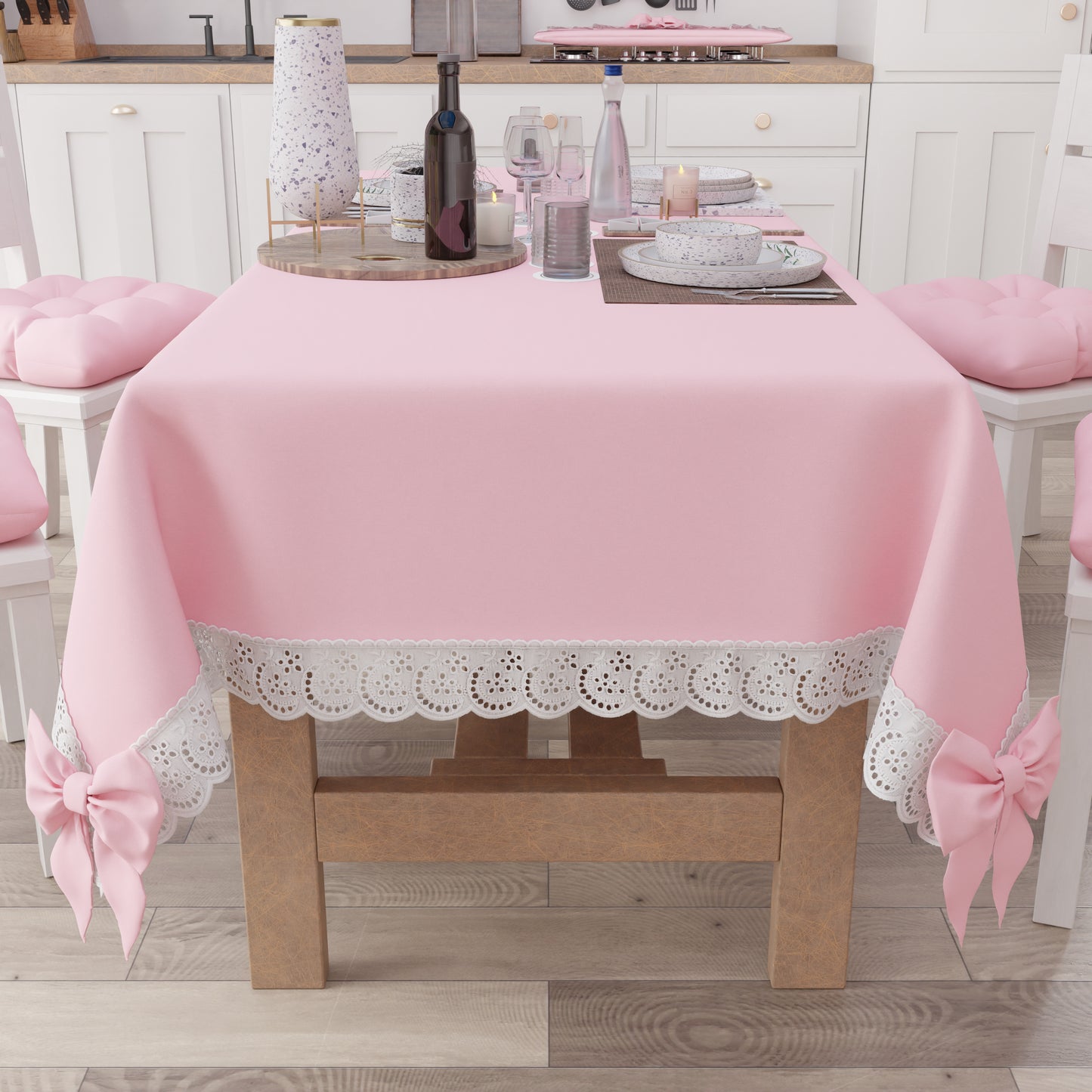 Tovaglia da Tavola Shabby Chic Copritavolo con Pizzo e Fiocchi Rosa