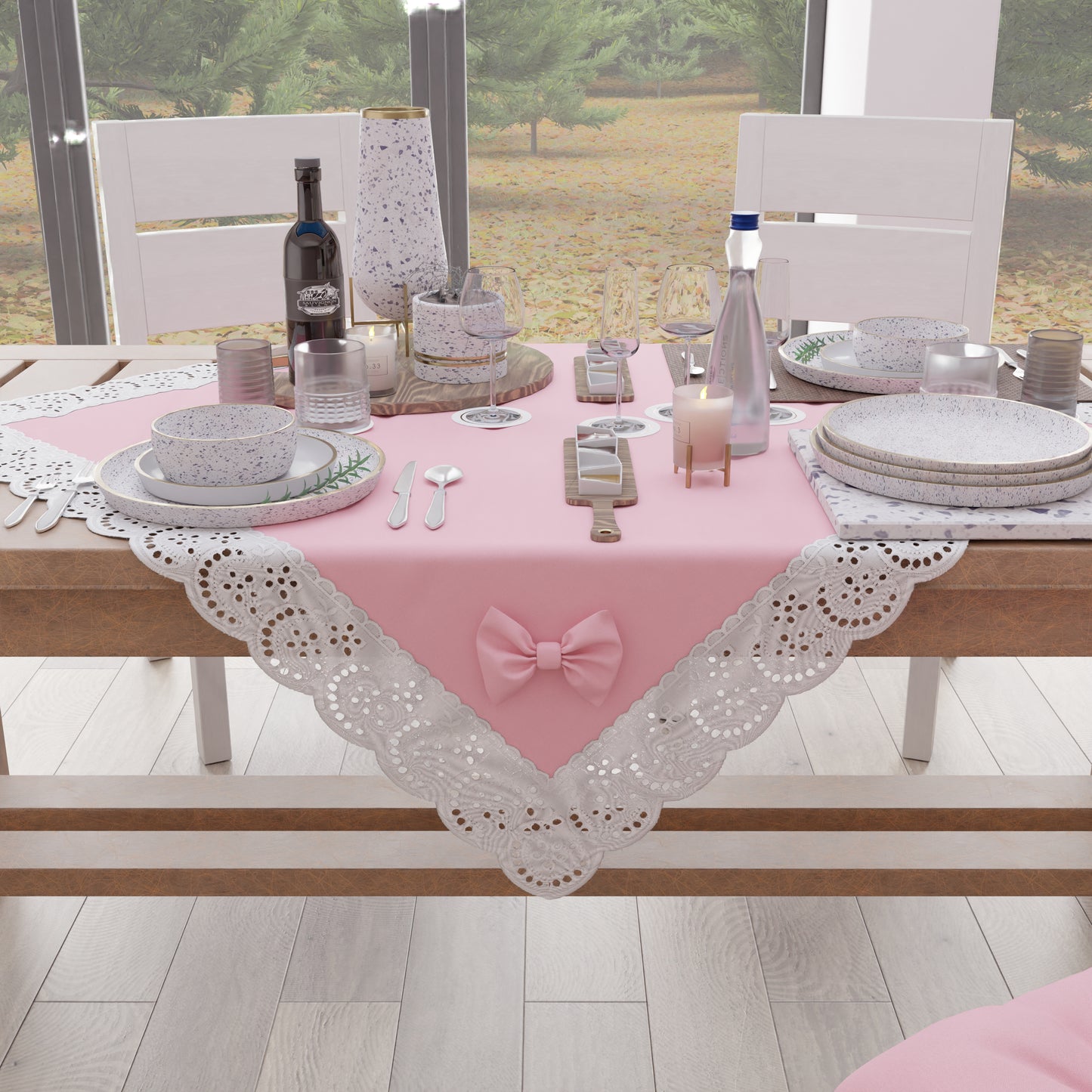Centre de table cuisine élégant Shabby Chic avec dentelle et nœuds rose