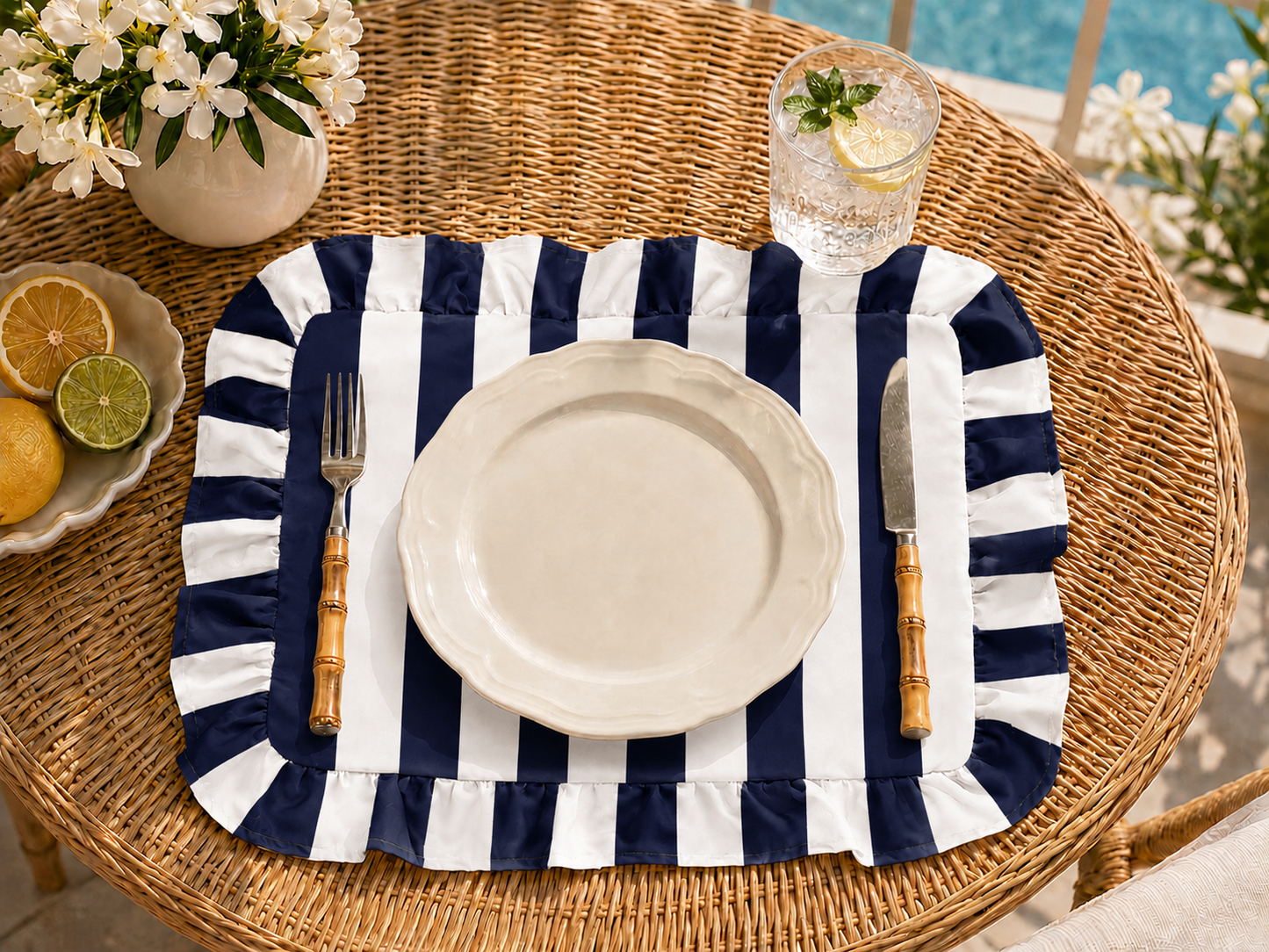 Tovagliette Americane con Rouches Righe Bianco/Blu Notte
