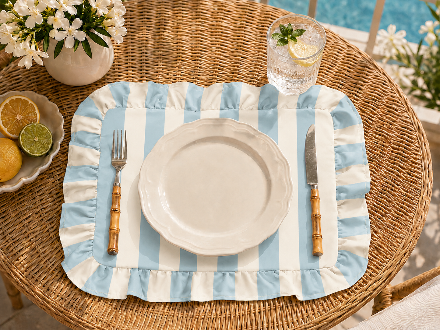Tovagliette Americane con Rouches Righe Bianco/Celeste