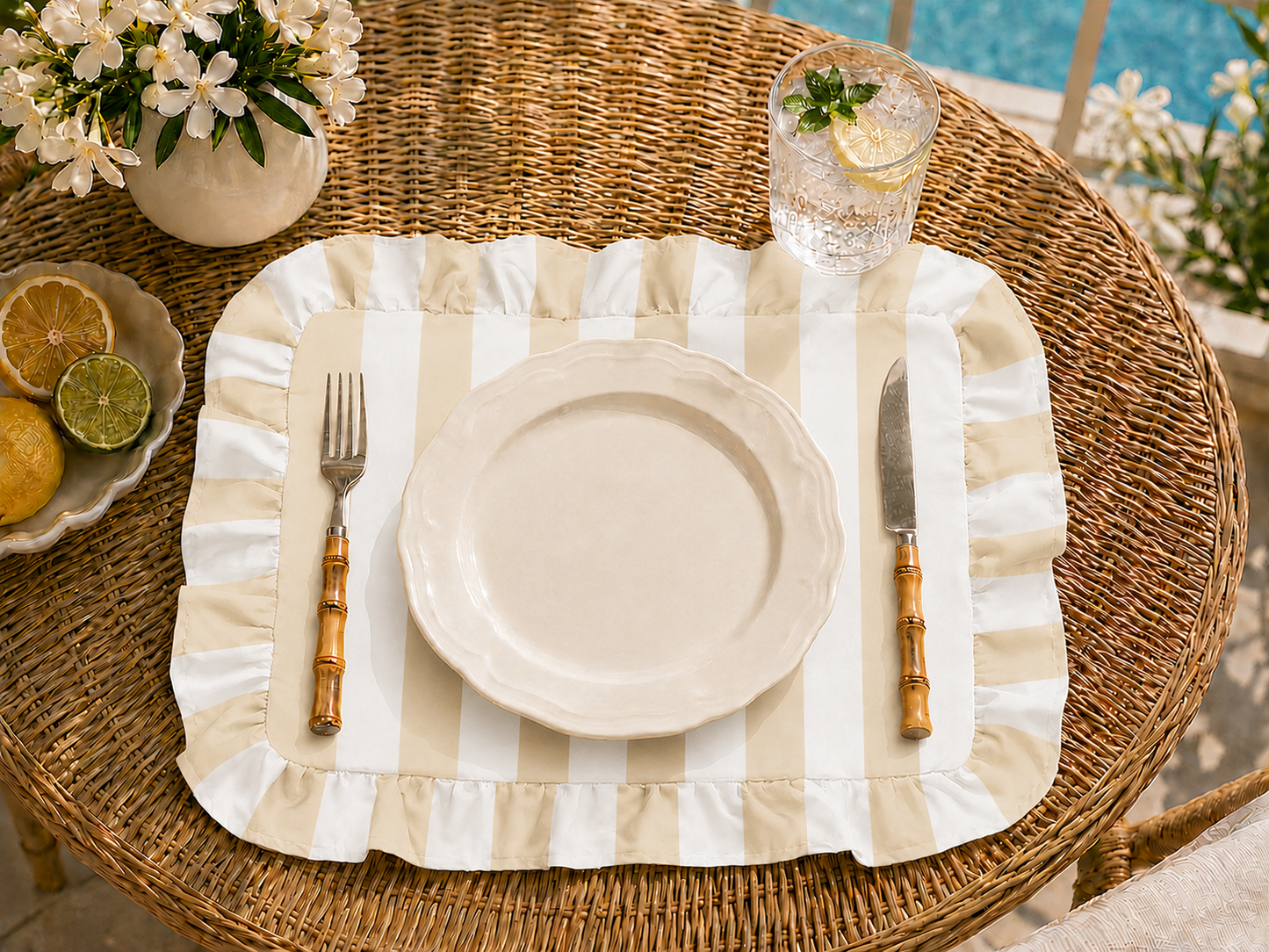 Tovagliette Americane con Rouches Righe Bianco/Beige