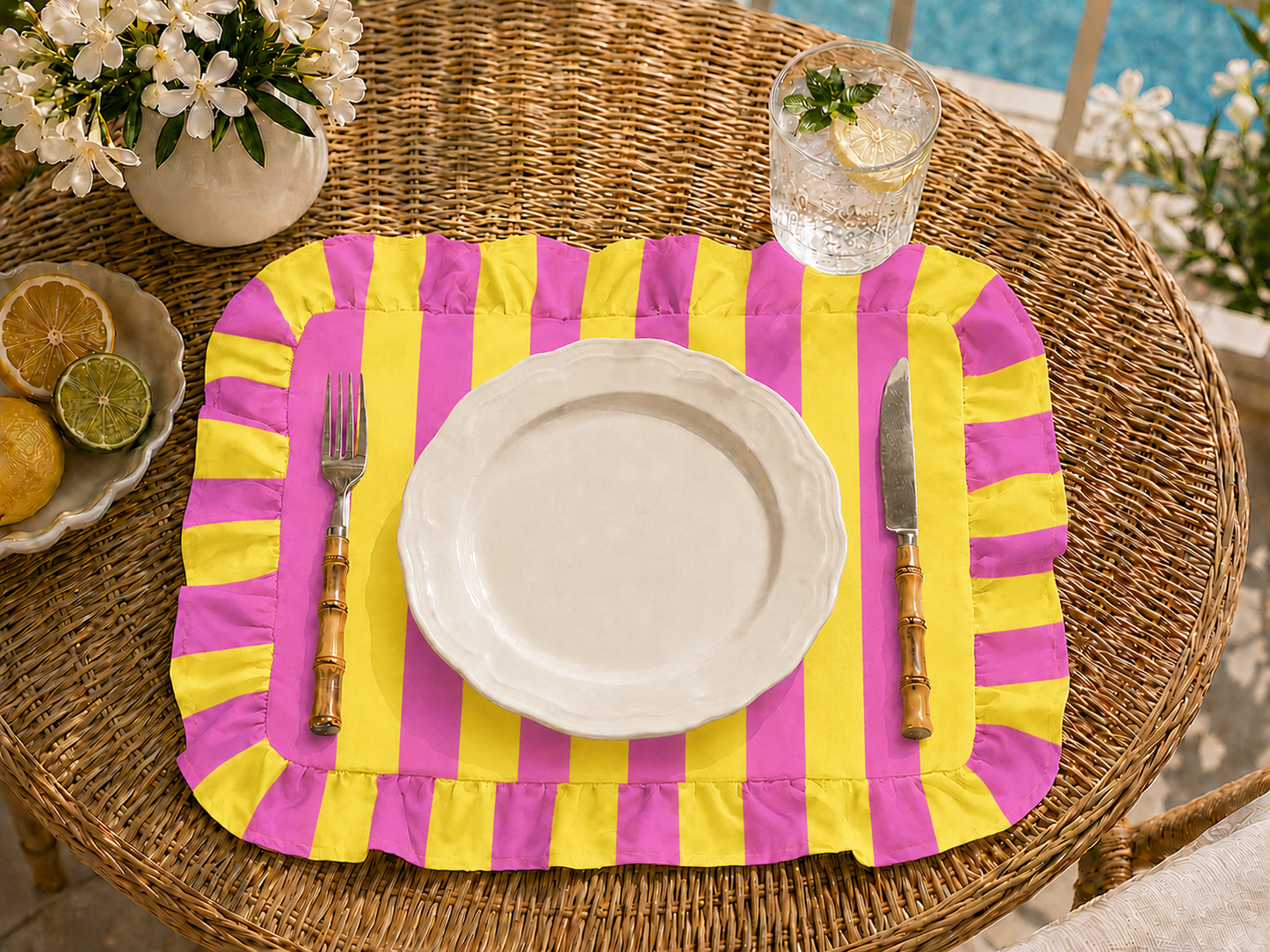 Tovagliette Americane con Rouches Righe Giallo/Fucsia