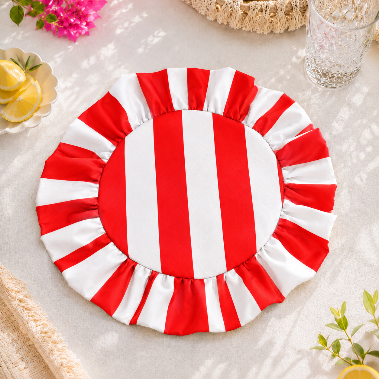 Tovagliette Americane Rotonde con Rouches Righe Bianco/Rosso