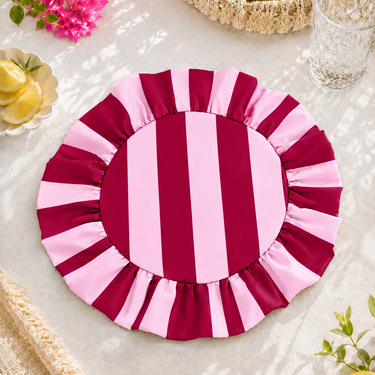 Tovagliette Americane Rotonde con Rouches Righe Rosa/Bordeaux