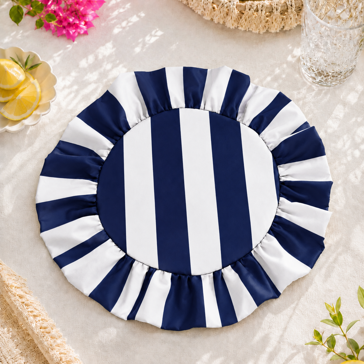 Tovagliette Americane Rotonde con Rouches Righe Bianco/Blu Notte