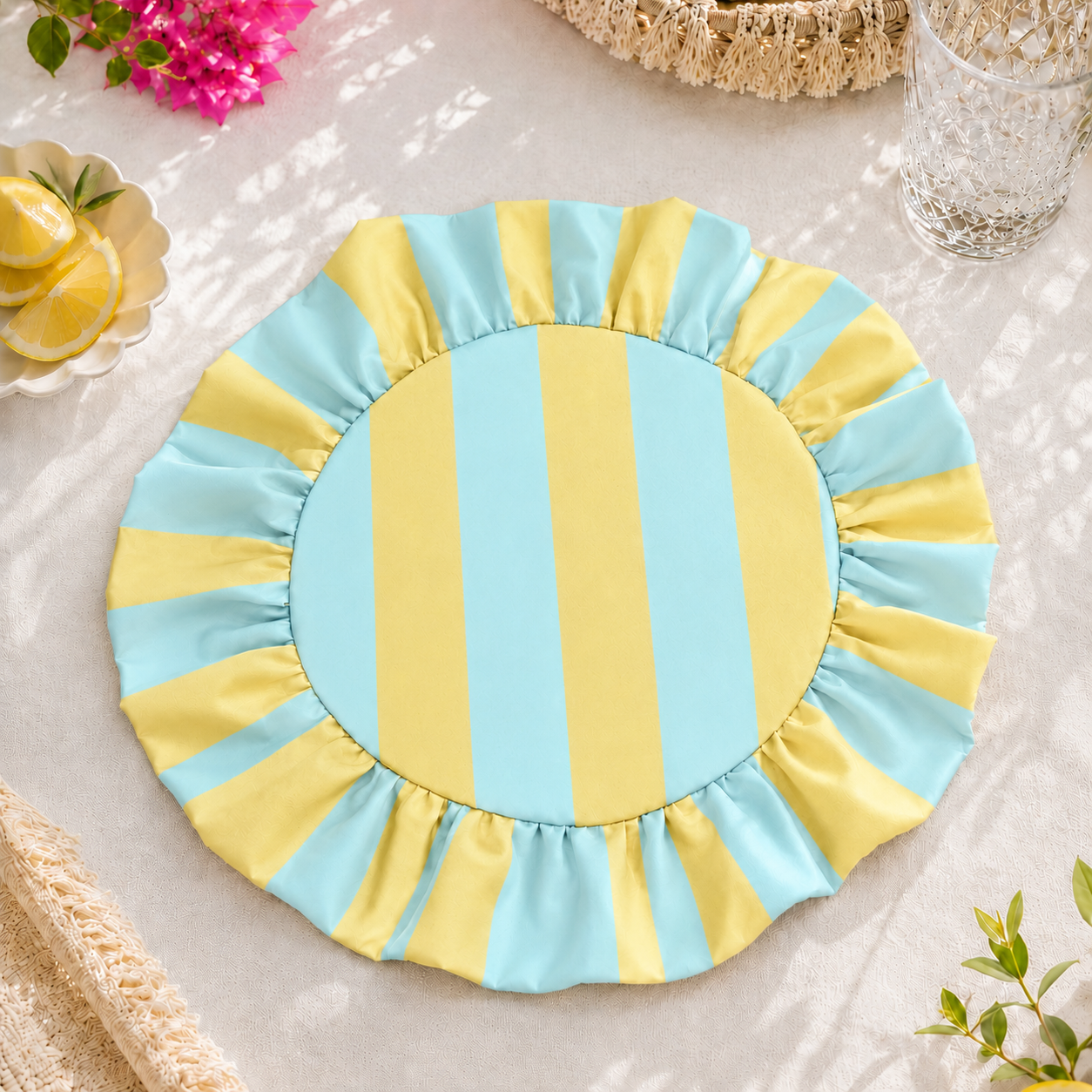 Tovagliette Americane Rotonde con Rouches Righe Giallo Ocra/Celeste