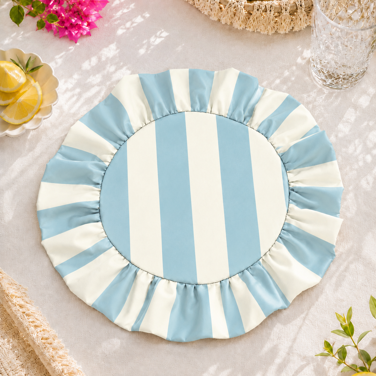 Tovagliette Americane Rotonde con Rouches Righe Bianco/Celeste