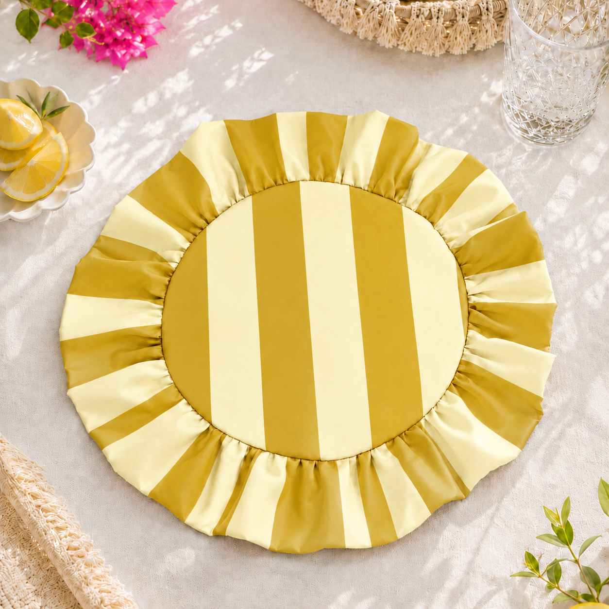 Tovagliette Americane Rotonde con Rouches Righe Giallo Ocra.